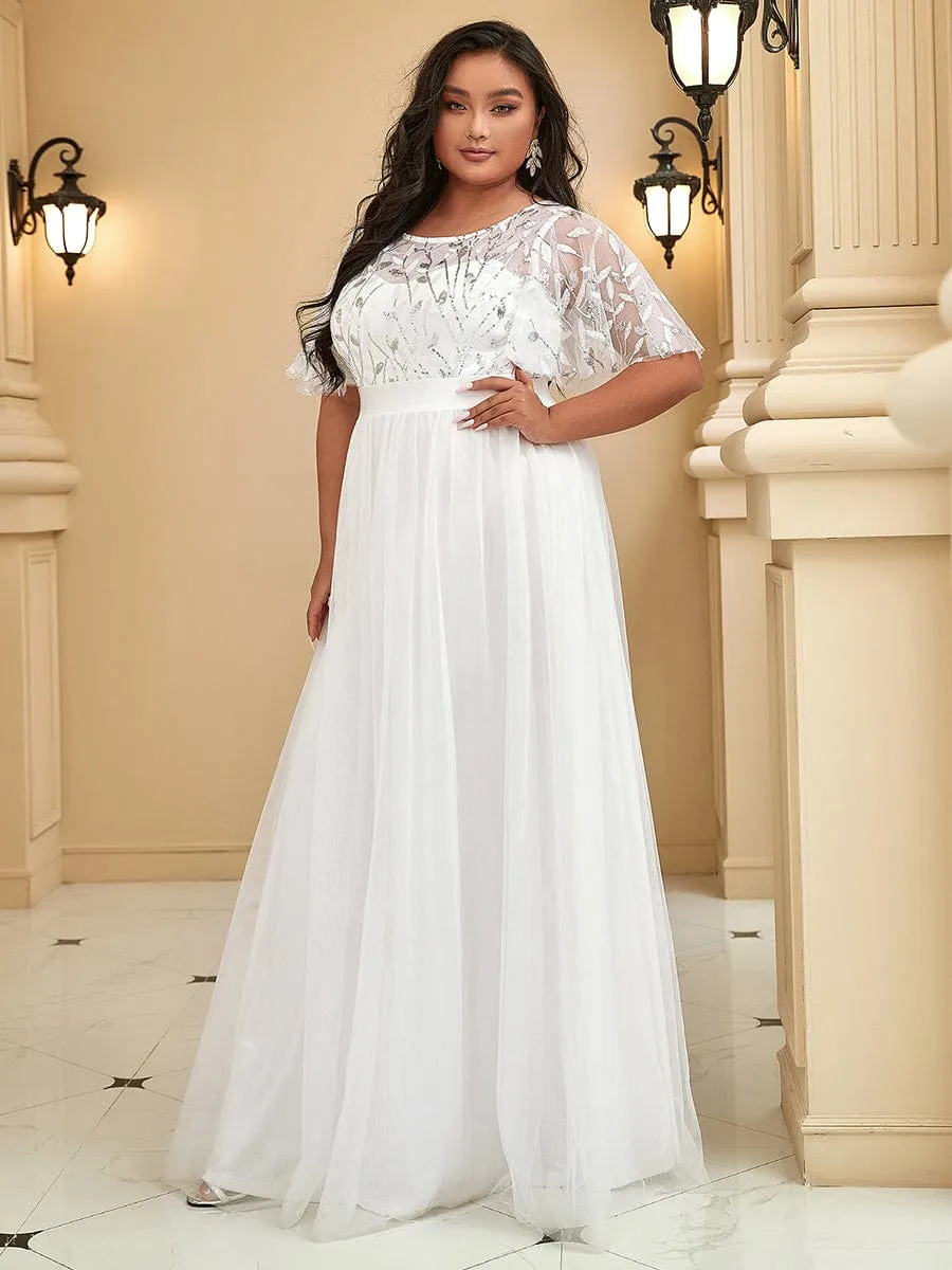 Women's A-Line Short Sleeve Embroidery Floor Length Wedding Dresses