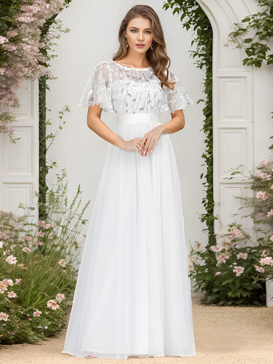 Women's A-Line Short Sleeve Embroidery Floor Length Wedding Dresses